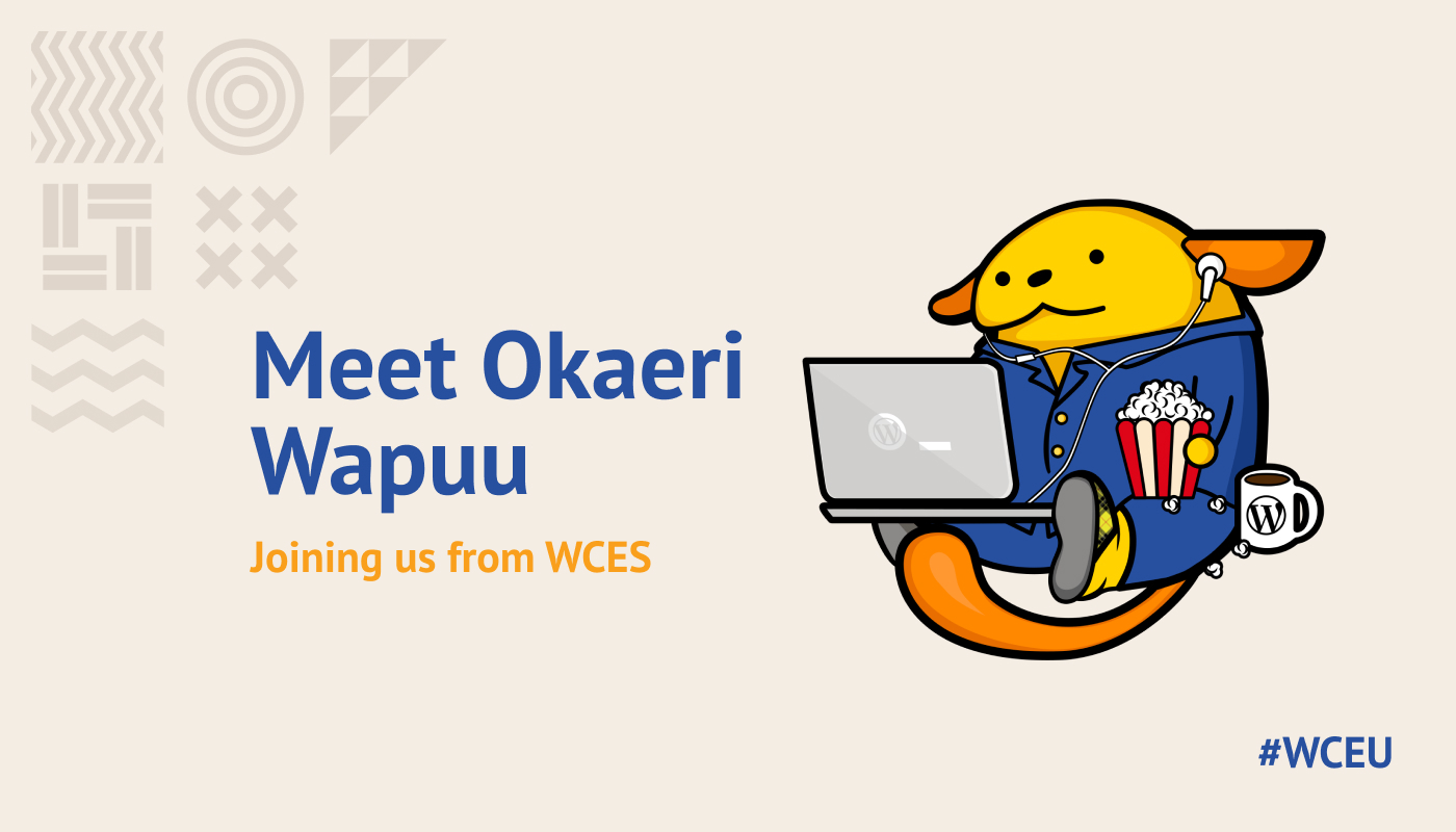 Meet Okaeri Wapuu banner with picture of the WCEU 2020 Online Wapuu