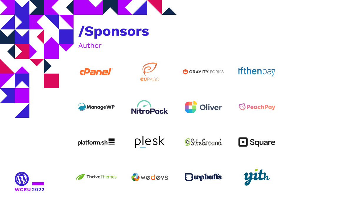 Author sponsors, logos: cPanel, euPago, Gravity Forms, ifthenpay, ManageWP, NitroPack, Oliver POS, PeachPay, Platform.sh, Plesk, SiteGround, Square, Thrive Themes, weDevs, WP Buffs and Yith
