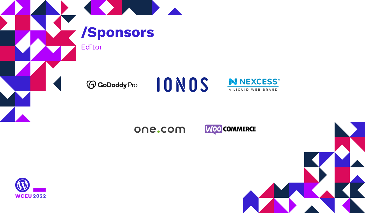 Editor sponsors, logos: GoDaddy Pro, Ionos, Nexcess, Group One and WooCommerce