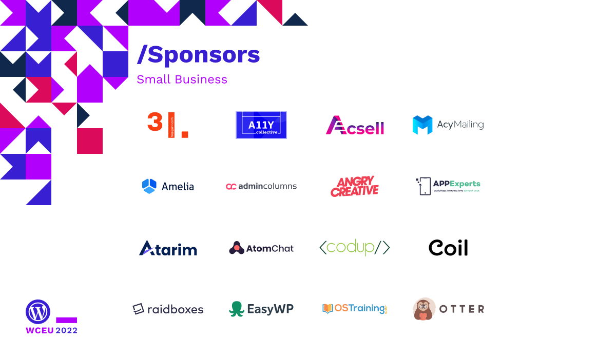 Small Business sponsors, logos: 3ipunt, The A11Y Collective, Acsell, AcyMailing, Amelia, Admin Columns, Angry Creative, APPExperts, Atarim, AtomChat, Codup, Coilraidboxes®, EasyWP, OS Training and Otter