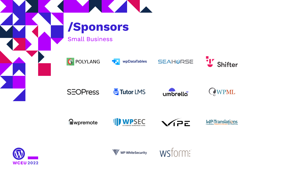 Small Business sponsors, logos: Polylang, wpDataTables, Seahorse, Shifter, SEOPress, Tutor LMS, WP Umbrella, WPML, WPRemote, WPSec, Vipe Studio, WP-Translations, WP White Security and WS Form
