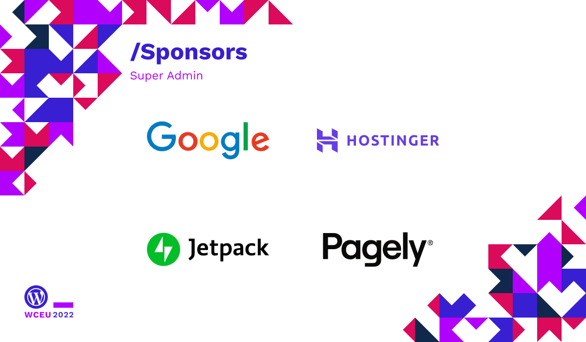 Super Admin sponsors, logos: Google, Hostinger, Jetpack and Pagely