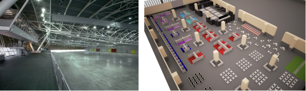 Photo and 3D render of the inside of the Lingotto Centre exhibition hall, showing how WordCamp Europe 2024 might look.